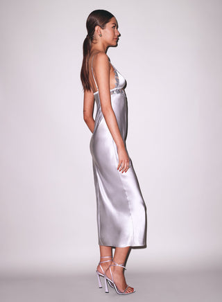 Fleur du Mal Lily Embroidery Cutout Slip on model, sixth angle at Mae Bridal, elegant slip dress, evening slip dress, bridal cutout dress