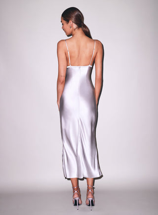 Fleur du Mal Lily Embroidery Cutout Slip on model, third angle at Mae Bridal, lace slip dress, slip dress, platinum slip dress