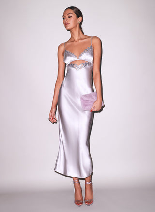 Fleur du Mal Lily Embroidery Cutout Slip on model at Mae Bridal, silk slip dress, midi slip dress, second look wedding dress