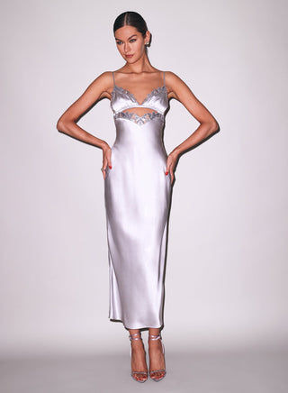 Fleur du Mal Lily Embroidery Cutout Slip flat lay at Mae Bridal, white slip dress, reception dress for bride, satin slip dress
