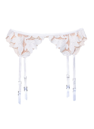 Fleur du Mal Lily Embroidery Garter Belt on model, third angle at Mae Bridal, wedding night lingerie, ivory garter belt, embroidered garter belt
