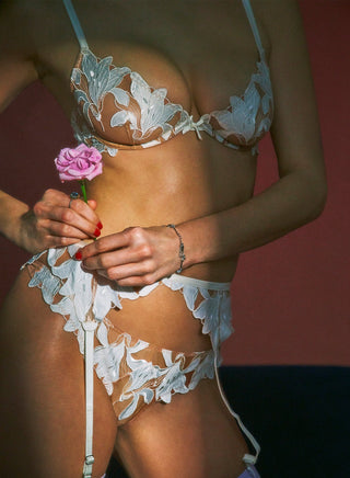 Fleur du Mal Lily Embroidery Hipster Thong on model at Mae Bridal, bridal thong, wedding thong, lily embroidery thong