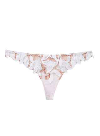 Fleur du Mal Lily Embroidery Hipster Thong on model, third angle at Mae Bridal, mesh back thong, embroidered bridal thong, wedding night lingerie
