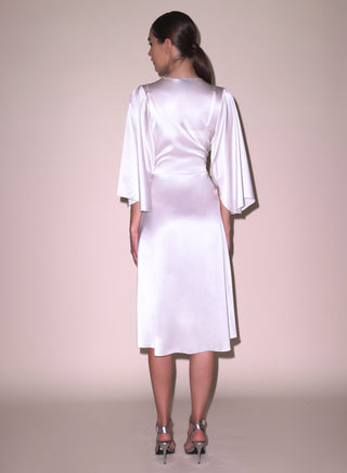 Fleur du Mal Midi Angel Sleeve Robe on model, fifth angle at Mae Bridal, luxury silk robe, wedding robe, bridal dressing gown
