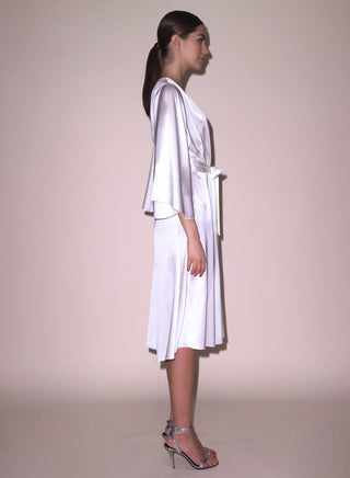 Fleur du Mal Midi Angel Sleeve Robe on model, third angle at Mae Bridal, short silk robe, ivory bridal robe, wrap robe silk