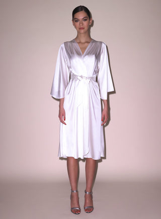 Fleur du Mal Midi Angel Sleeve Robe on model, second angle at Mae Bridal, silk charmeuse robe, bridal nightgown and robe set, wedding morning robe