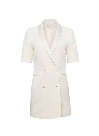 Fleur du Mal Short Sleeve Blazer Dress flat lay at Mae Bridal, city hall wedding dress, elopement dress, bridal suiting