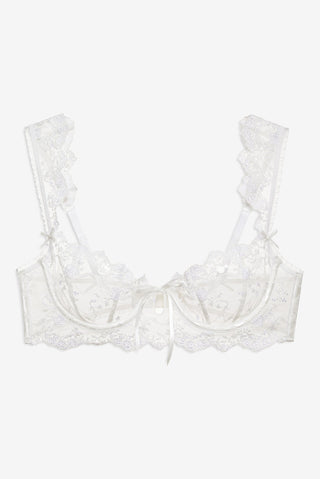 For Love & Lemons Lattice Bows Underwire Bra in white at Mae Bridal, bridal lingerie, bridal bra