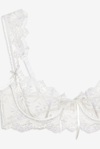 For Love & Lemons Lattice Bows Underwire Bra in white at Mae Bridal, bridal lingerie, lingerie for wedding