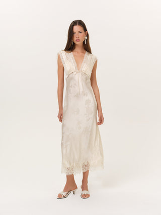 For Love & Lemons Adrift Maxi Dress on model, fourth angle at Mae Bridal, cream maxi dress, civil ceremony dress, reception dress
