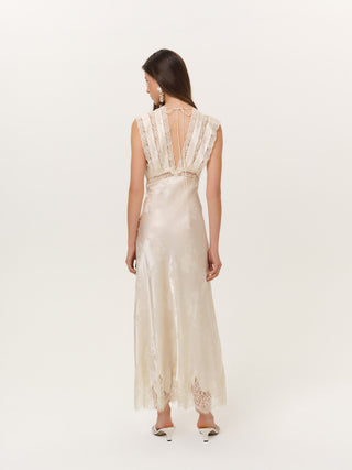 For Love & Lemons Adrift Maxi Dress on model, second angle at Mae Bridal, rehearsal dinner dress, satin wedding dress, bias cut wedding dress