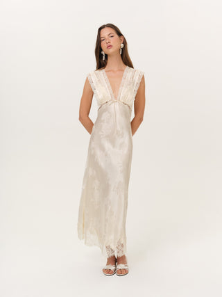 For Love & Lemons Adrift Maxi Dress on model at Mae Bridal, white maxi gown, second look wedding dress, slip dresses
