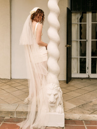 For Love & Lemons Margo Mini Dress and Shawl Set on model, third angle at Mae Bridal, rehearsal dinner dress, bachelorette dress, engagement party dress