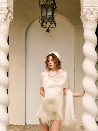 For Love & Lemons Margo Mini Dress and Shawl Set on model, fourth angle at Mae Bridal, sweetheart mini dress, after party dress, white cocktail dress
