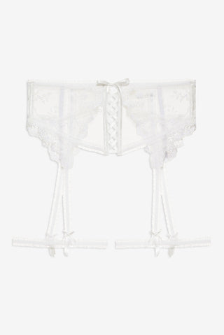 For Love & Lemons Rita Rose Garter Belt campaign image at Mae Bridal, lingerie for wedding, wedding gown undergarments, luxury wedding underwear