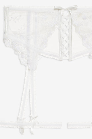 For Love & Lemons Rita Rose Garter Belt campaign image, second view at Mae Bridal, wedding lingeries, white bridal undergarments, sexy wedding undergarments