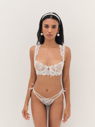 For Love & Lemons Rita Rose Thong Panty on model, second angle at Mae Bridal, wedding thong, bridal undies, wedding night undergarments