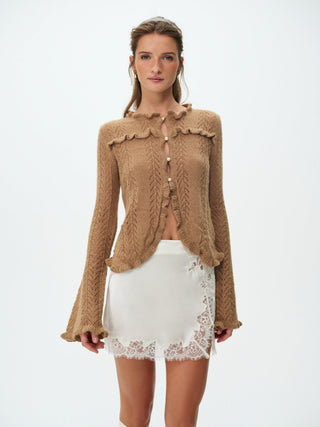 For Love & Lemons Shayla Mini Skirt in cream at Mae Bridal, thigh high slit skirt, cream lace skirt, bridal after party