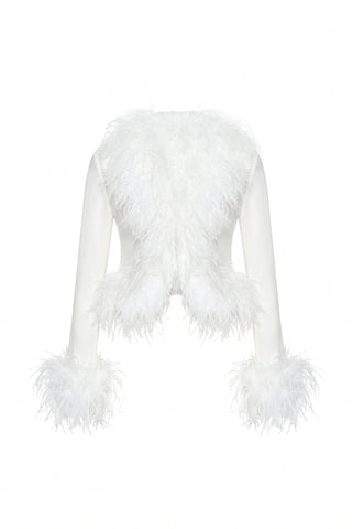 Ritzy Ostrich Feather Detail Chiffon Blouse Cream