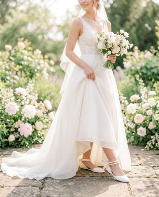 Satin Round Toe Wedding Flat with Double Pearls Ankle Strap in Ivory