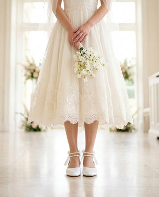 Satin Round Toe Wedding Flat with Double Pearls Ankle Strap in White