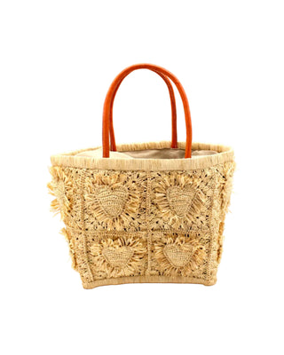 Hearts Medium Crochet Raffia Straw Basket Bag with Fringed Heart Pattern