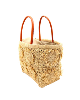 Hearts Medium Crochet Raffia Straw Basket Bag with Fringed Heart Pattern