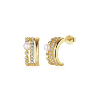Pave Curve Pearl Hoop Earrings