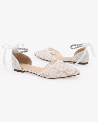 Wedding Crochet Lace Pointy Toe Flats with Amaryllis Crystal Strap