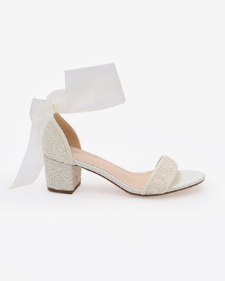 Crochet Lace Block Heel Wedding Sandals with Wrapped Ankle Tie
