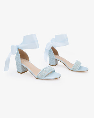 Crochet Lace Block Heel Wedding Sandals with Wrapped Ankle Tie in Light Blue