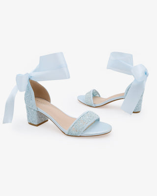 Crochet Lace Block Heel Wedding Sandals with Wrapped Ankle Tie in Light Blue