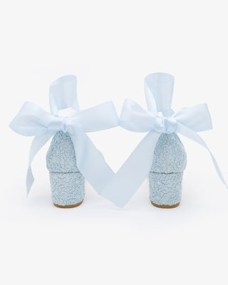 Crochet Lace Block Heel Wedding Sandals with Wrapped Ankle Tie in Light Blue