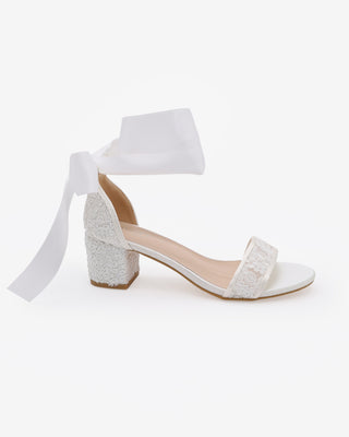 Crochet Lace Block Heel Wedding Sandals with Wrapped Ankle Tie