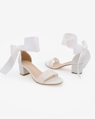 Crochet Lace Block Heel Wedding Sandals with Wrapped Ankle Tie