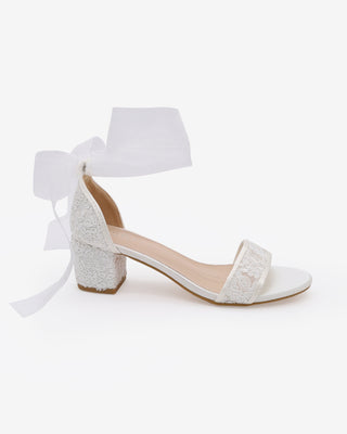 Crochet Lace Block Heel Wedding Sandals with Wrapped Ankle Tie