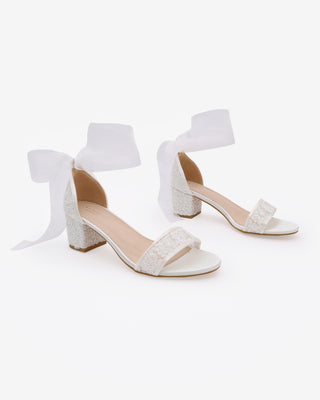 Crochet Lace Block Heel Wedding Sandals with Wrapped Ankle Tie