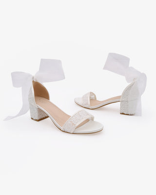 Crochet Lace Block Heel Wedding Sandals with Wrapped Ankle Tie