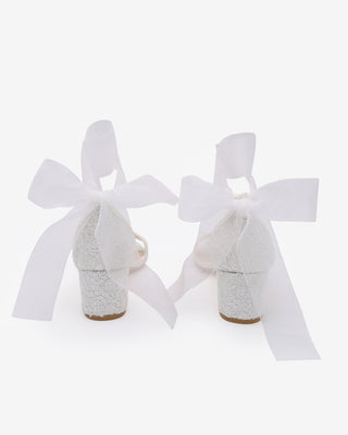 Crochet Lace Block Heel Wedding Sandals with Wrapped Ankle Tie
