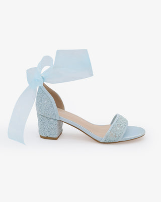 Crochet Lace Block Heel Wedding Sandals with Wrapped Ankle Tie in Light Blue