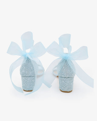 Crochet Lace Block Heel Wedding Sandals with Wrapped Ankle Tie in Light Blue