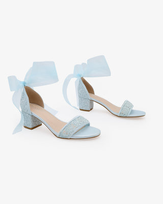 Crochet Lace Block Heel Wedding Sandals with Wrapped Ankle Tie in Light Blue
