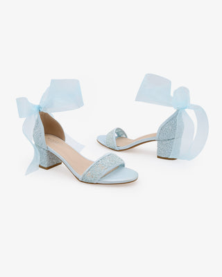 Crochet Lace Block Heel Wedding Sandals with Wrapped Ankle Tie in Light Blue