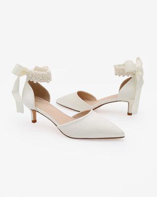 Satin Pointy Toe Kitten Low Heel with Perla Ankle Strap