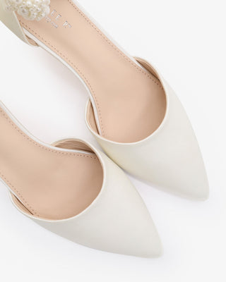 Satin Pointy Toe Kitten Low Heel with Perla Ankle Strap