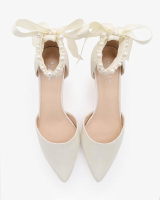 Satin Pointy Toe Kitten Low Heel with Perla Ankle Strap