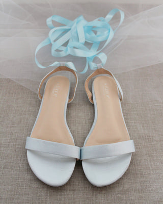 Satin Flat Sandal with Ballerina Lace Up in Light Blue
