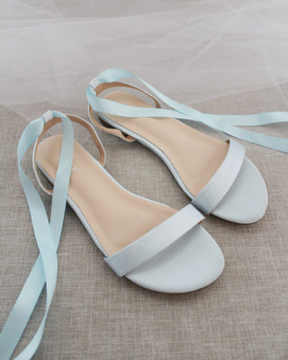 Satin Flat Sandal with Ballerina Lace Up in Light Blue