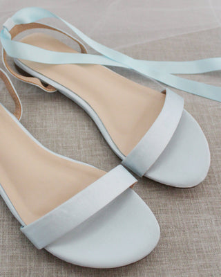 Satin Flat Sandal with Ballerina Lace Up in Light Blue