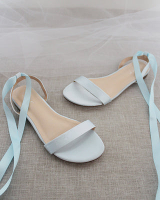 Satin Flat Sandal with Ballerina Lace Up in Light Blue